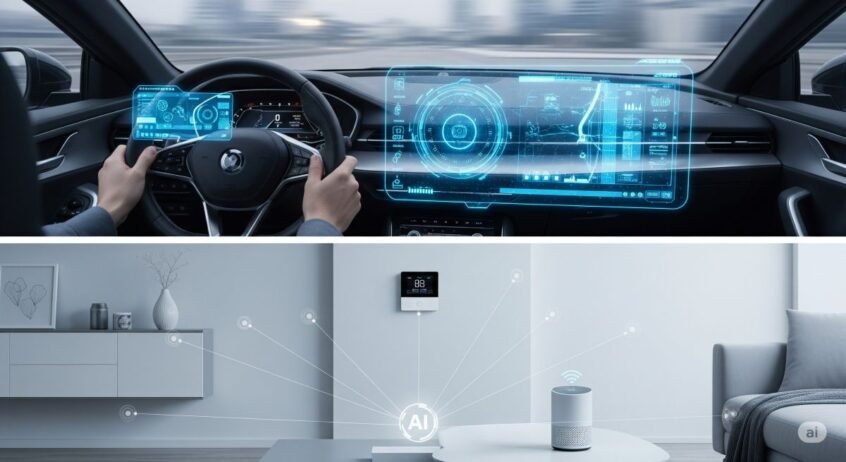 A split-screen image showcasing the two main themes of the day. The top half depicts the interior of a futuristic car, focusing on a holographic dashboard that projects glowing blue data and navigation information onto the windshield. The bottom half shows a modern, minimalist living room where smart home devices (like a thermostat and smart speaker) are subtly highlighted with glowing silver lines connecting them, indicating a seamless AI-powered network. The color palette is clean and cool, with shades of silver, white, and electric blue, emphasizing the integration of AI into daily life.
