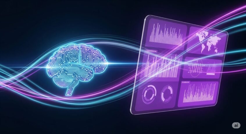 An abstract, futuristic image that captures the anticipation of CES. In the center, a stylized, glowing icon of a brain made of light blue and purple circuit patterns represents Artificial Intelligence. To the right, a sleek, transparent screen is angled, showing holographic data and charts in a vibrant purple. Dynamic streaks of light in shades of blue and purple swirl around the composition, conveying motion and innovation. The background is a dark, deep blue, making the glowing elements pop. The overall mood is one of high-tech excitement and forward-thinking.