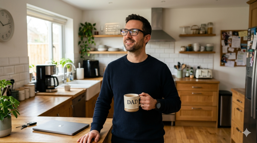 Dad wearing smart glasses holding a coffee in the kitchen