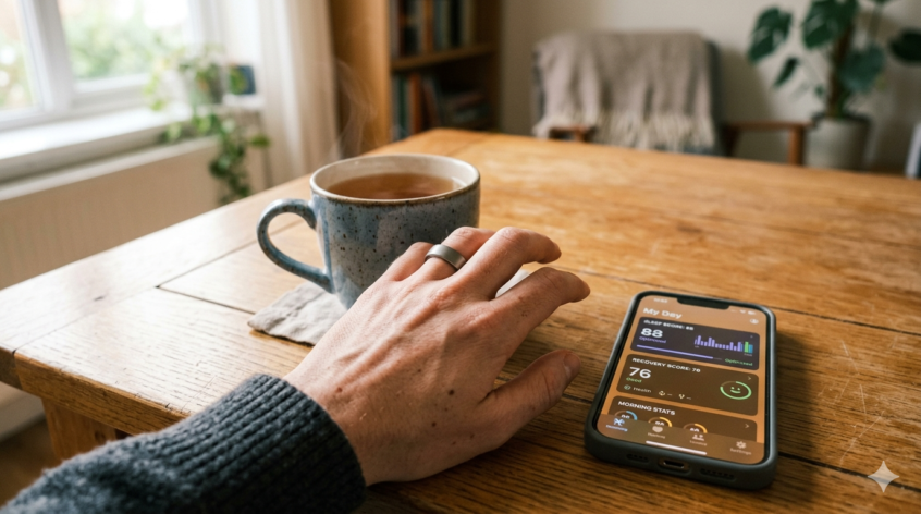 A smart ring on a hand next to a cup of tea, soft morning light, health app on a phone screen in the background