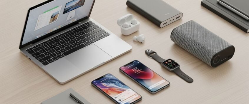 Desk with Laptop phone ad smartwatch