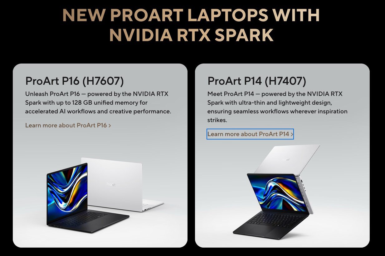 Asus ProArt P16 and P14 laptop with Nvidia RTX Spark