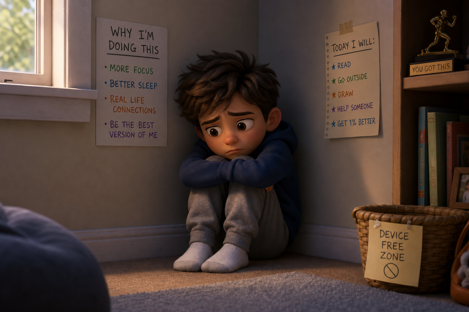 Cartoon image of a child going cold turkey with no electronics