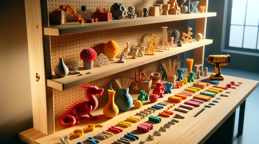 Colourful 3D printed models displayed on a workshop shelf, bright studio lighting, variety of shapes and colours showing the diversity of 3D printing projects