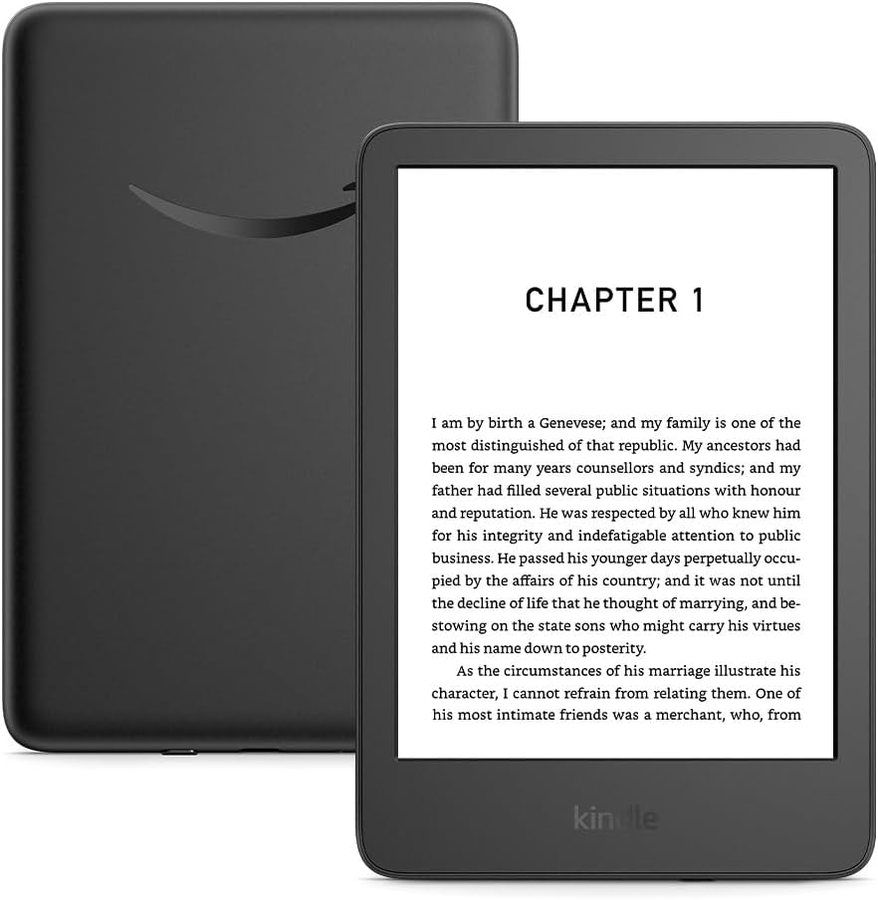 Amazon Kindle e-reader showing a page of text, shown front and back