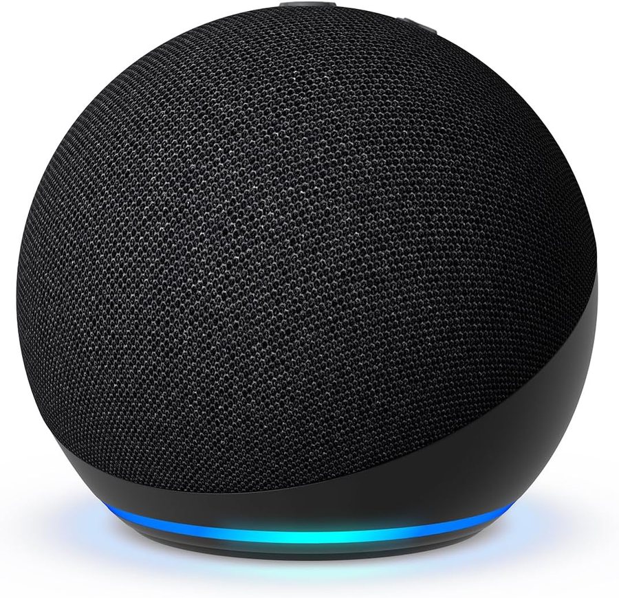Amazon Echo Dot smart speaker in charcoal with the blue light ring glowing