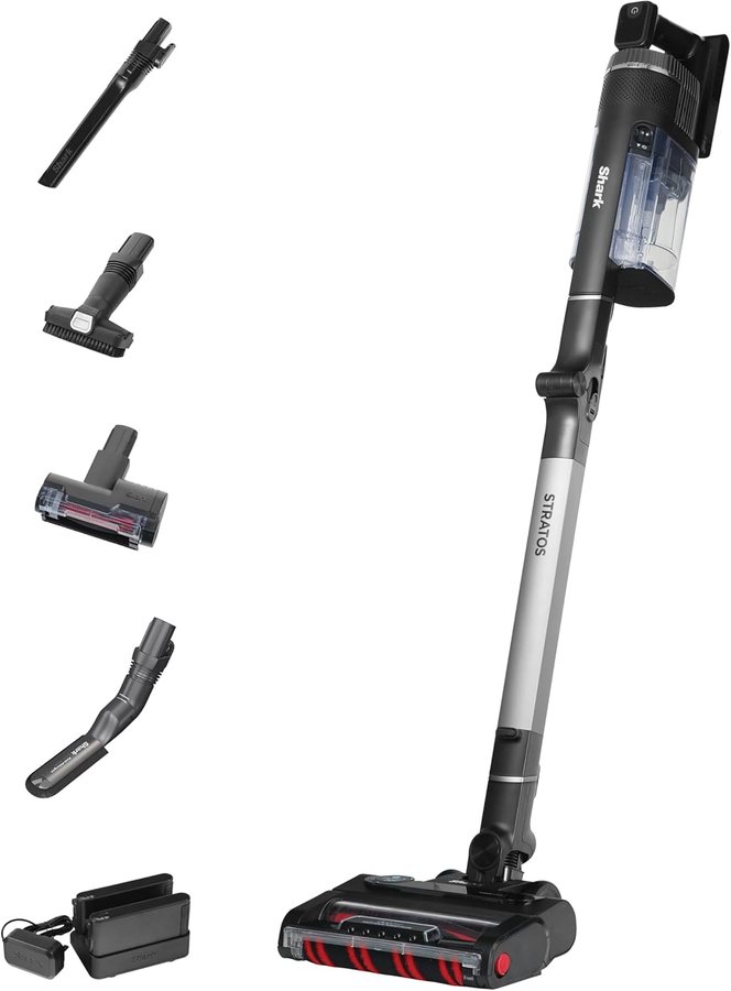 Shark Stratos cordless stick vacuum with its attachments laid out beside it