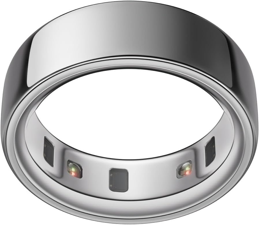 Oura Ring 4 in silver, showing the sensors on the inside
