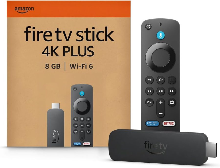 Amazon Fire TV Stick 4K Plus box with the stick and Alexa voice remote