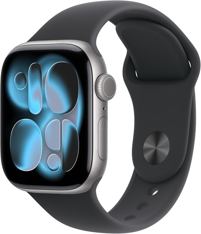 Apple Watch Series 11 in space grey aluminium with a black sport band