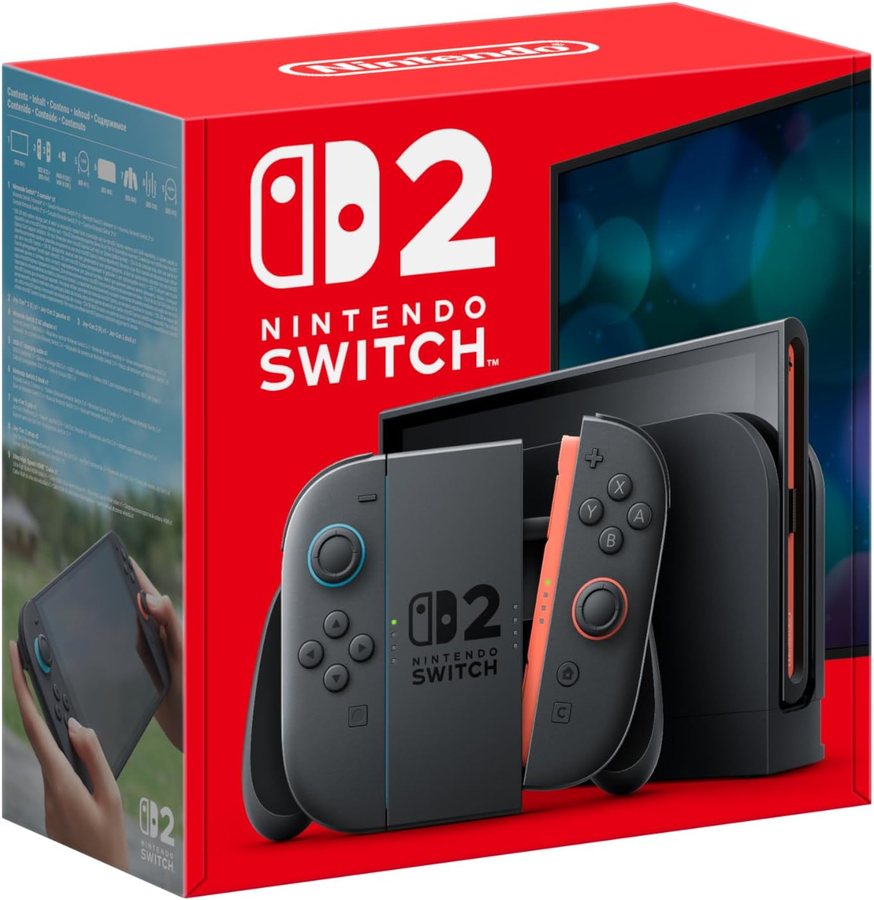 Nintendo Switch 2 console box showing the console and two Joy-Con controllers