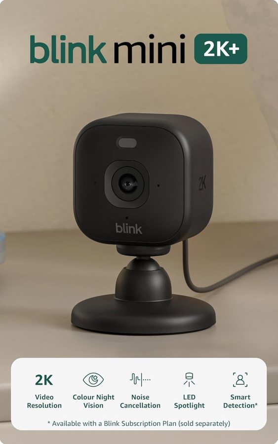 Blink Mini 2K+ plug-in security camera on its stand with the pack features listed