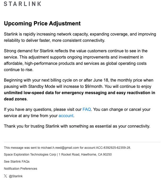 Starlink Price Adjustment