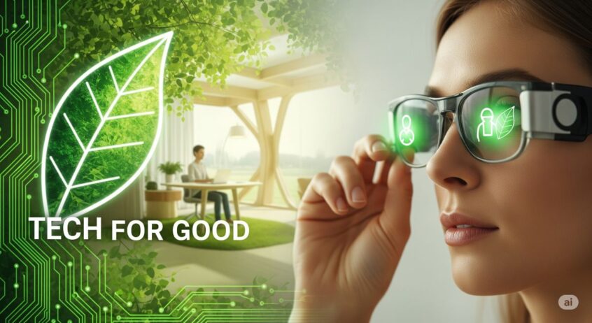 A hopeful and inspiring image with a focus on "tech for good." In the foreground, a person is using a sleek, futuristic accessibility device, perhaps a pair of smart glasses that are highlighting objects with a soft, green light. The background is a blend of technology and nature, with green, leaf-like circuit patterns and a softly blurred image of a person working comfortably in a futuristic, sustainable home office. The color palette is warm and natural, with shades of green, white, and light wood tones, conveying a sense of harmony between technology, humanity, and the environment.
