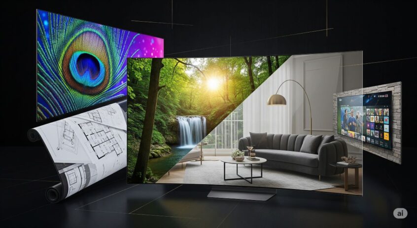 A sophisticated and elegant collage showcasing the best display technology from the show. The centerpiece is a stunning, large, partially transparent OLED television, showing a beautiful nature scene while also allowing a stylishly decorated room to be seen through it. Fragments of other innovative screens are arranged around it: a corner of a vibrant MicroLED screen with incredible detail, a hint of a rollable display unfurling, and a glimpse of a weatherproof outdoor TV. The background is a dark, polished surface with subtle gold accents, giving the image a premium and luxurious feel.