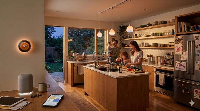 warm modern family kitchen at dusk
